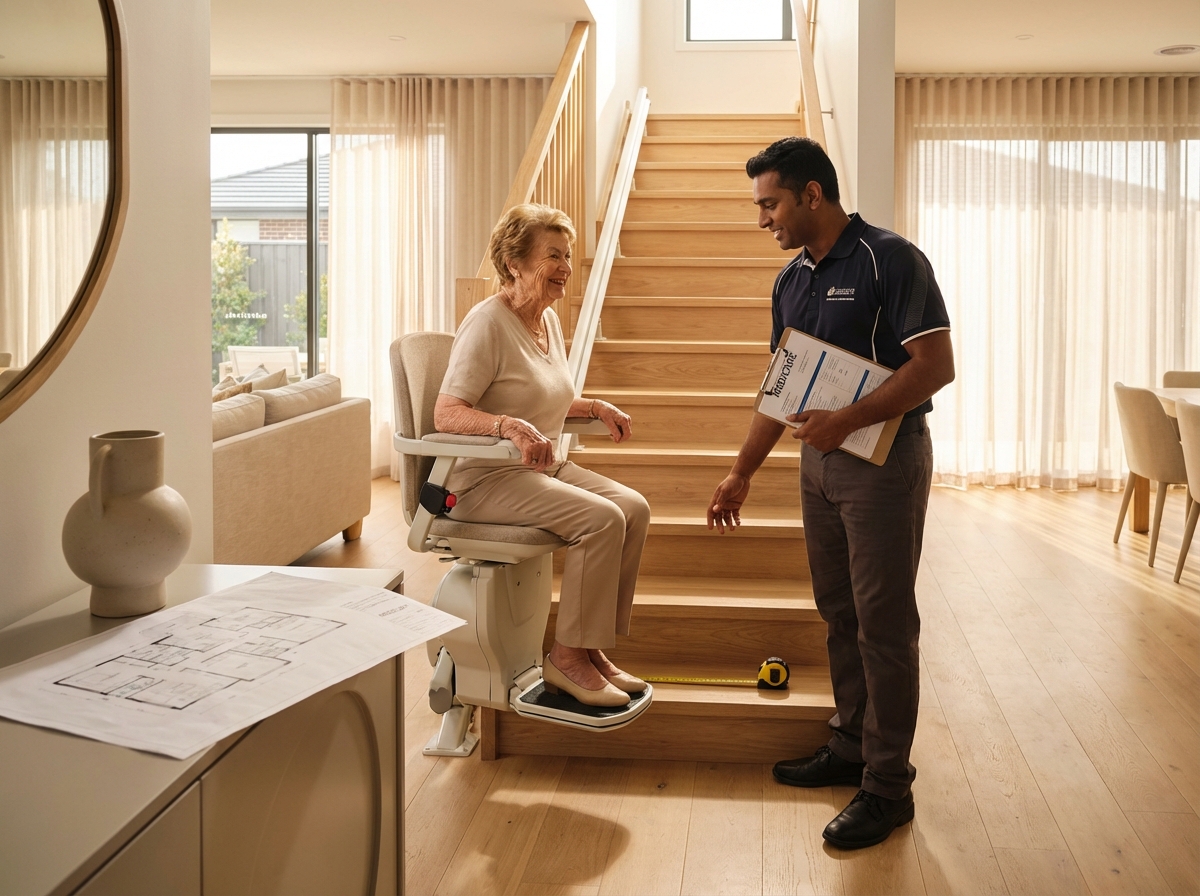 Elderly person seated on a straight stairlift in a well-lit US home while a technician reviews installation paperwork with a visible floor plan and measuring tape on the stairs