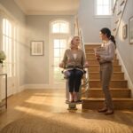 Elderly person seated on a straight stairlift in a bright home with an installer reviewing paperwork nearby conveying stairlift installation financing and coverage discussion