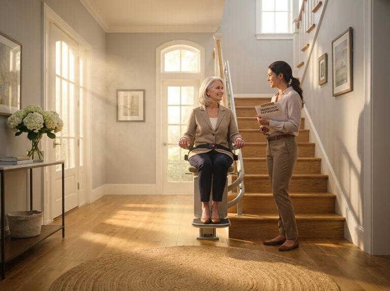 Elderly person seated on a straight stairlift in a bright home with an installer reviewing paperwork nearby conveying stairlift installation financing and coverage discussion