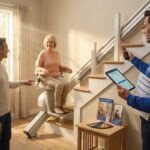 Senior seated on a modern straight stairlift while a technician reviews an itemized estimate and measurements in a bright home interior