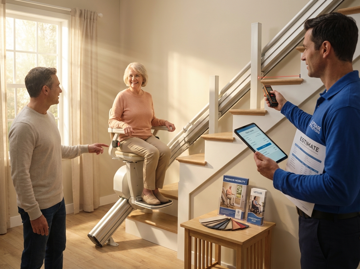Senior seated on a modern straight stairlift while a technician reviews an itemized estimate and measurements in a bright home interior