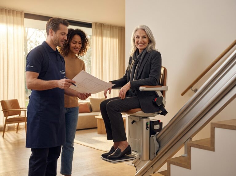 Elderly person using a modern stairlift on a straight indoor staircase while an installer reviews plans with a family member