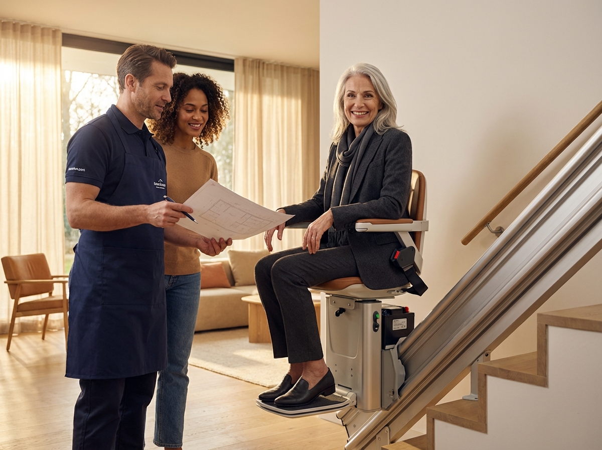 Elderly person using a modern stairlift on a straight indoor staircase while an installer reviews plans with a family member