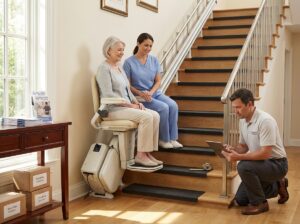 Older adult testing a stairlift at home with an installer checking measurements and a caregiver watching