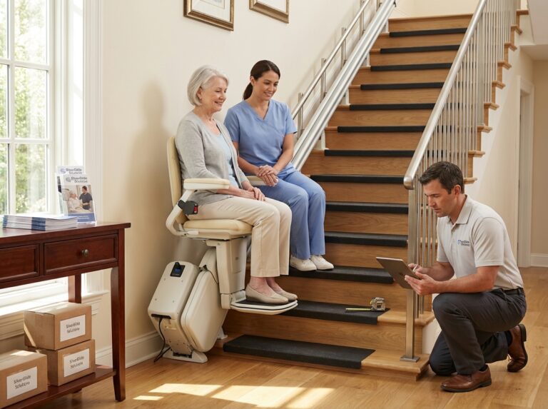 Older adult testing a stairlift at home with an installer checking measurements and a caregiver watching