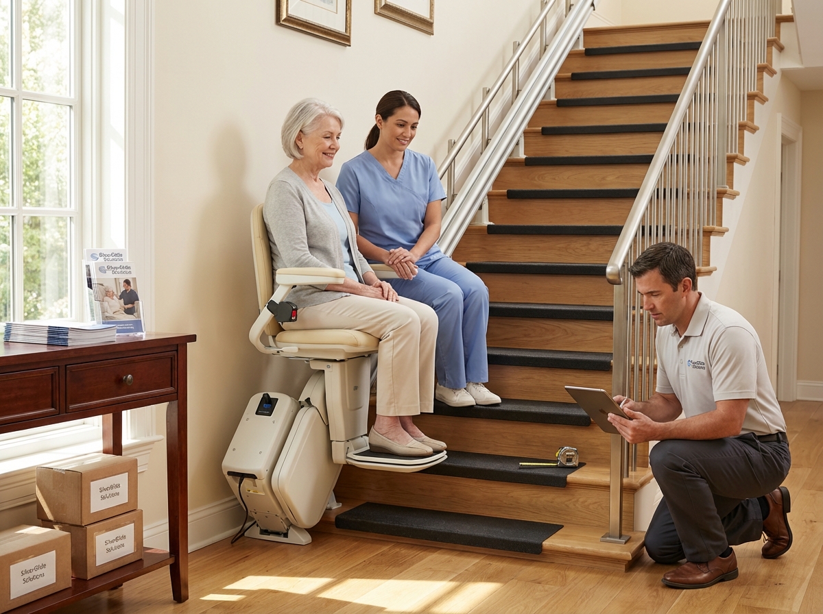 Older adult testing a stairlift at home with an installer checking measurements and a caregiver watching