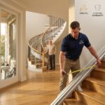 Three stairlift types in a bright US home interior with an installer measuring stairs and icons for pricing warranty and financing
