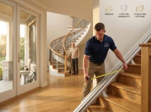Three stairlift types in a bright US home interior with an installer measuring stairs and icons for pricing warranty and financing