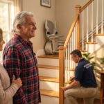 Veteran reviewing stairlift installation with an installer in a bright American home, showing a straight stairlift and an American flag.
