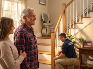 Veteran reviewing stairlift installation with an installer in a bright American home, showing a straight stairlift and an American flag.