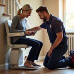 Service technician and homeowner inspecting a beeping stairlift on a home staircase, showing the control panel and remote