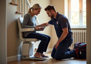 Service technician and homeowner inspecting a beeping stairlift on a home staircase, showing the control panel and remote