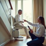Homeowner and technician inspecting a stairlift with a blinking indicator light on a residential staircase