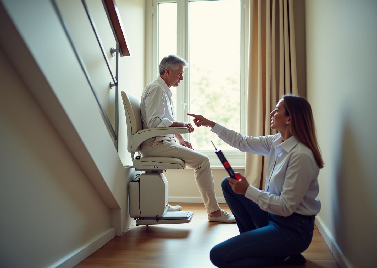 Homeowner and technician inspecting a stairlift with a blinking indicator light on a residential staircase