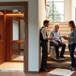 Split interior image showing a residential home elevator and a stairlift installation with homeowner and contractor discussing plans