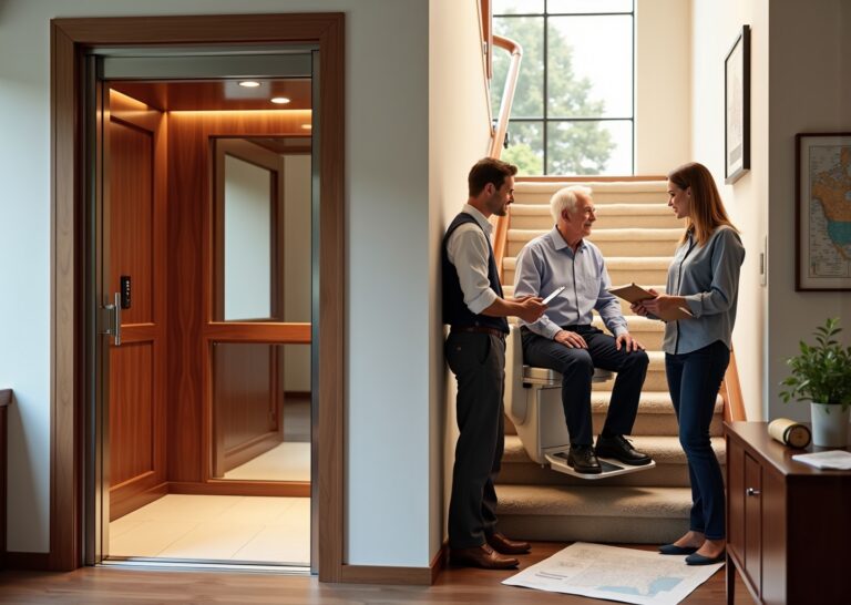 Split interior image showing a residential home elevator and a stairlift installation with homeowner and contractor discussing plans