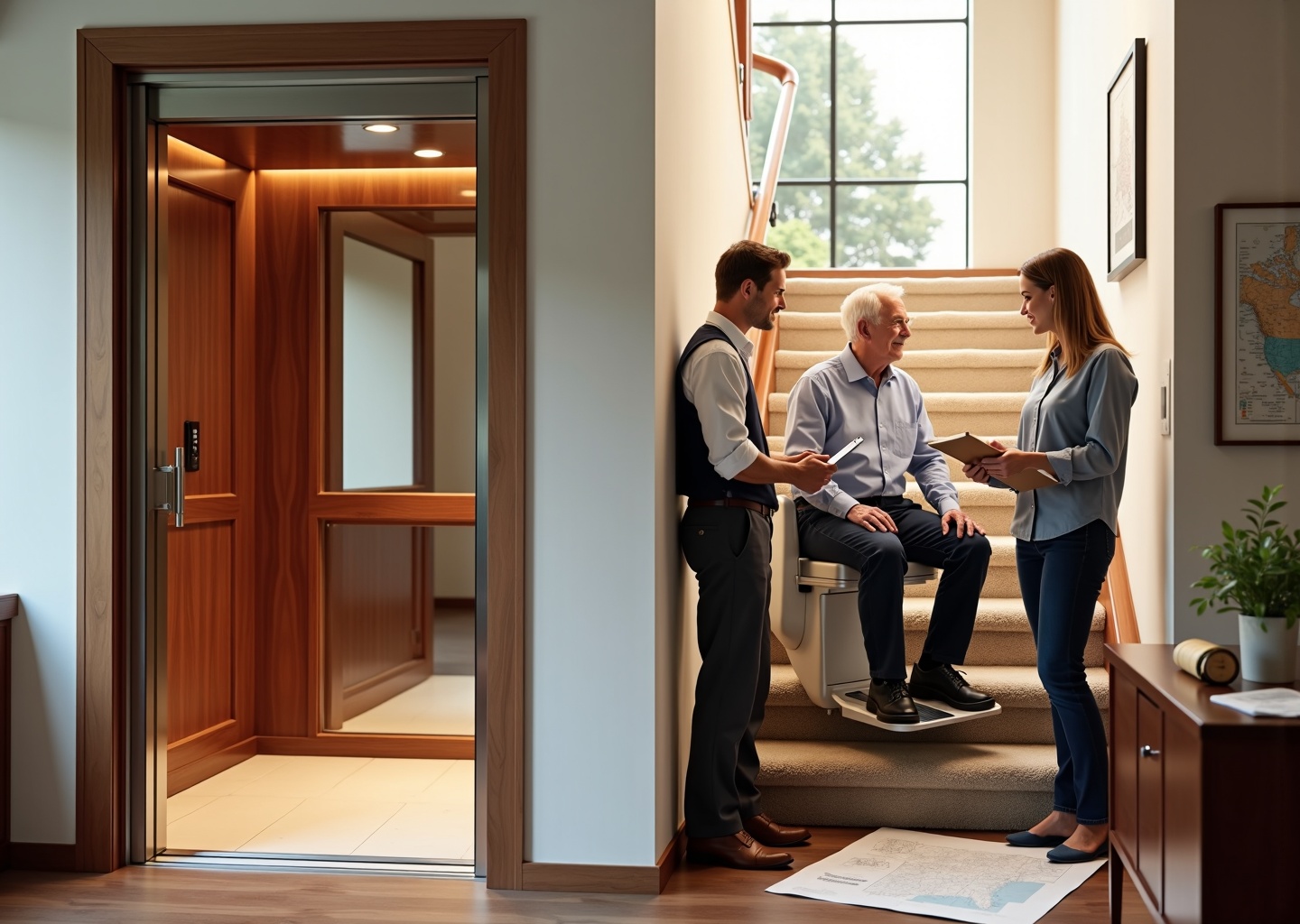 Split interior image showing a residential home elevator and a stairlift installation with homeowner and contractor discussing plans