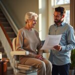 Older adult seated on a stairlift in a bright home with technician reviewing paperwork and tax forms on a table nearby