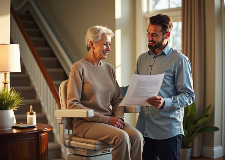 Older adult seated on a stairlift in a bright home with technician reviewing paperwork and tax forms on a table nearby