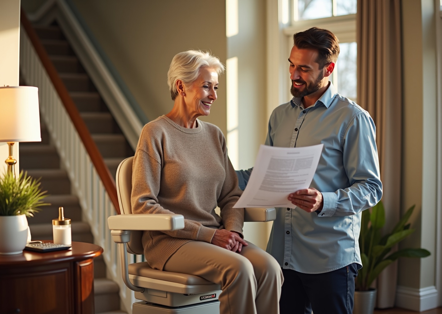 Older adult seated on a stairlift in a bright home with technician reviewing paperwork and tax forms on a table nearby
