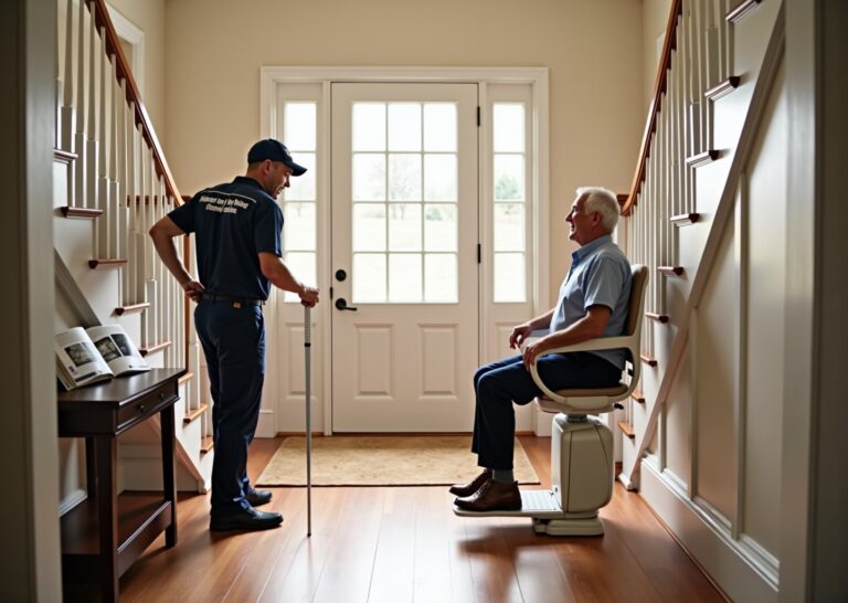 Two stairlifts in a bright American home: a straight stairlift and a curved stairlift with an installer measuring stairs and an older adult seated, representing an Acorn versus Bruno comparison