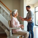 Acorn 130 Superglide stairlift installed on a straight staircase with an older adult seated and an installer pointing to the rail