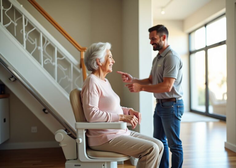 Acorn 130 Superglide stairlift installed on a straight staircase with an older adult seated and an installer pointing to the rail