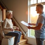 Home interior with stairlift installed, older adult seated safely and installer handing paperwork, sunlight through window, American flag visible in background