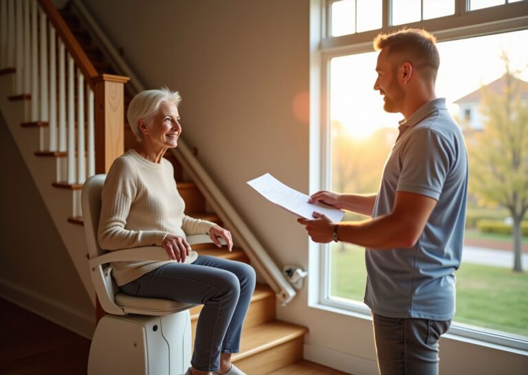 Home interior with stairlift installed, older adult seated safely and installer handing paperwork, sunlight through window, American flag visible in background
