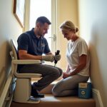 Technician replacing a stairlift battery pack inside a bright American home stairway with recycling box nearby