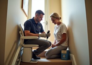 Technician replacing a stairlift battery pack inside a bright American home stairway with recycling box nearby